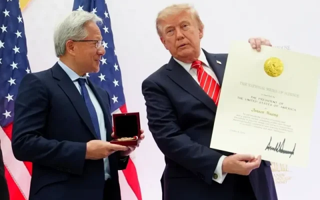 Shortly after criticizing the hiring of too many foreign workers, Trump presented a national award to tech giant Jensen Huang; Huang remarked, “I was once an immigrant…”